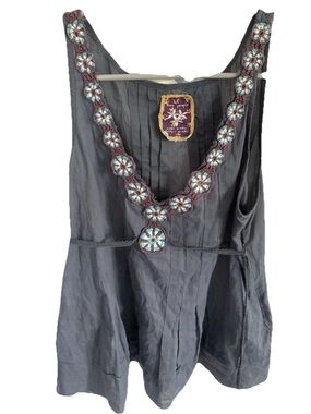 Free People Charcoal Gray Sleeveless Top with Brown and Teal Crochet Trim